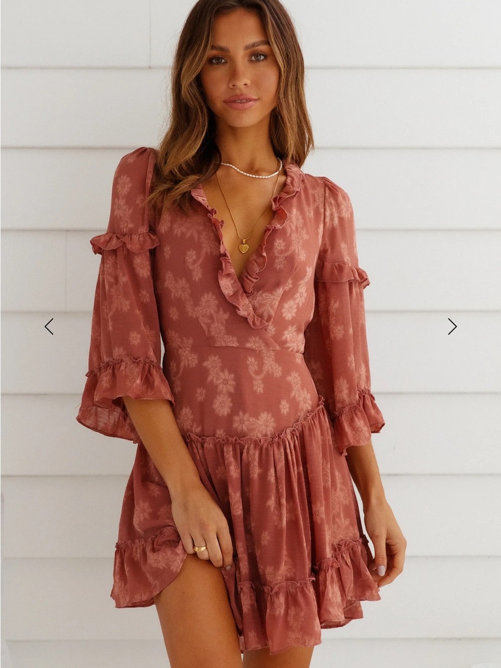 Hello Molly Ruffle-Trim Deep V Mini Dress in Dusty Rose